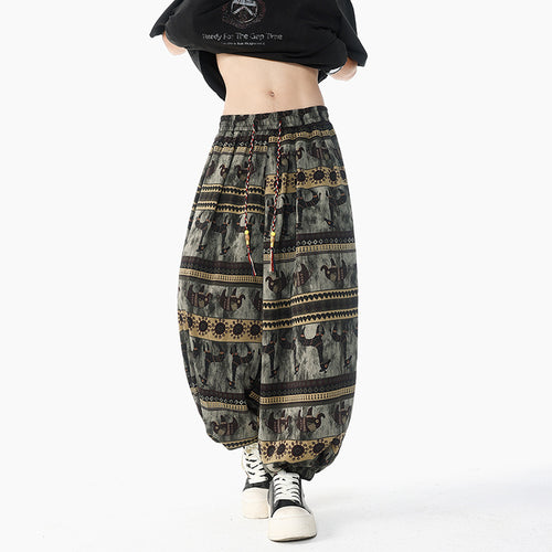 Damen Weite Boho-Haremshose aus Baumwollmix mit elastischem Bund und Ethno-Print Drune