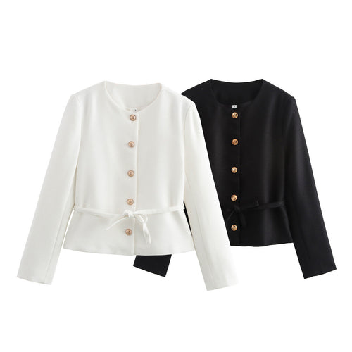 Damen nan strukturierte Kurzjacke mit Rundhalsausschnitt Holzknopf‑Leiste und taillierendem Bindegürtel Drune