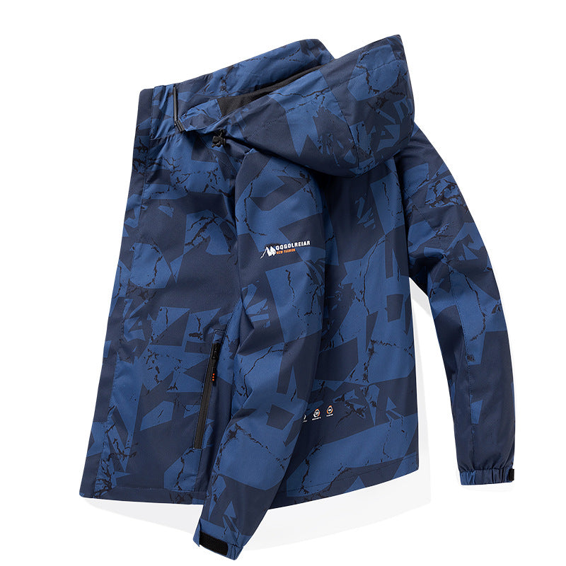 Herren Wasserabweisende Kapuzen-Softshell‑Übergangsjacke mit Camouflage‑Marmorprint, verstellbarem Saum & Reißverschlusstaschen Drune