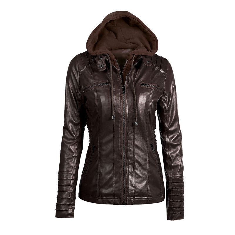 Damen Kunstlederjacke mit abnehmbarer Kapuze, tailliertem Schnitt und Reißverschlusstaschen Drune