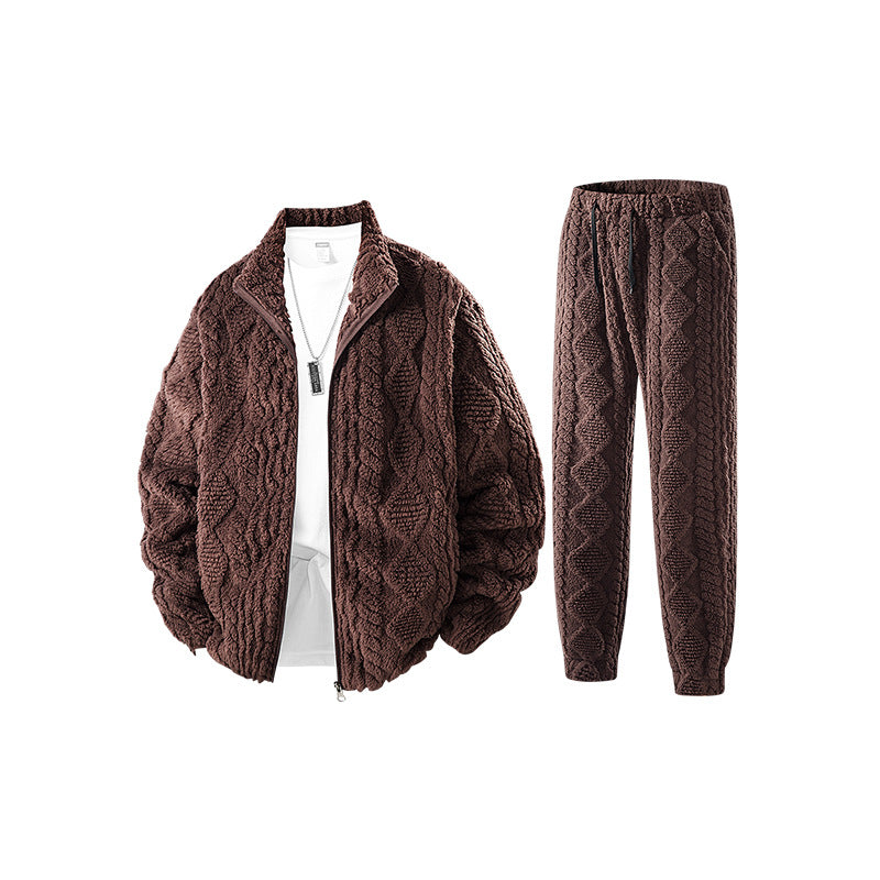 Herren Fleece-Set mit strukturierter Strickoptik, Reißverschlussjacke und Joggerhose Drune