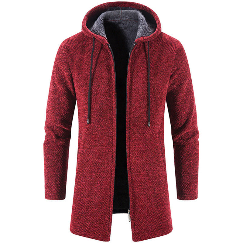 Herren Lang geschnittener Kapuzen‑Strickmantel mit Teddyfutter Drune
