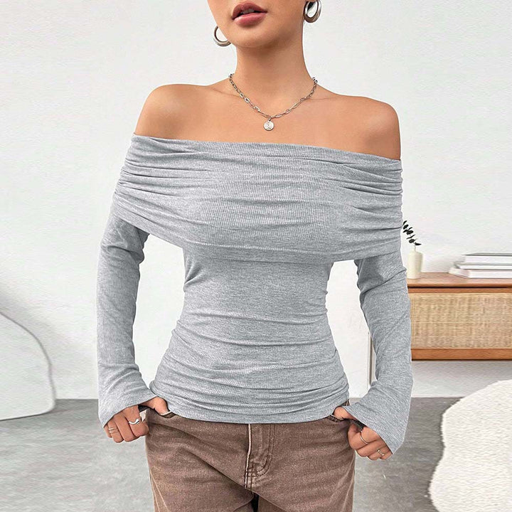 Damen eng anliegendes Off-Shoulder Rippstrick-Longsleeve mit gerafftem Wasserfall-Ausschnitt und Daumenloch Drune