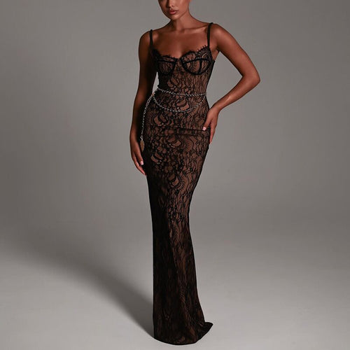 Damen Elegantes Spitzenmaxikleid mit tiefem Ausschnitt und enganliegender Silhouette Drune