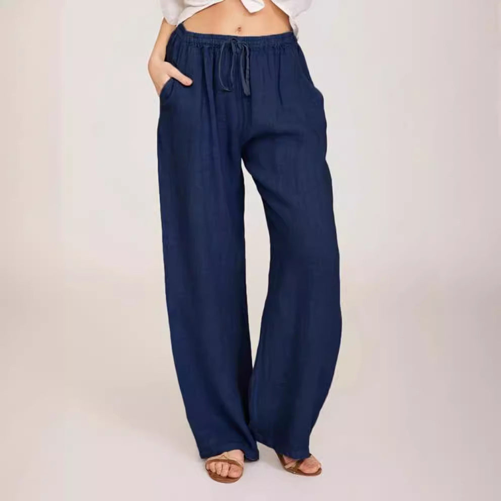 Damen luftige Palazzo-Hose mit Tunnelzugbund, elastischem Taillenabschluss und seitlichen Eingrifftaschen Drune