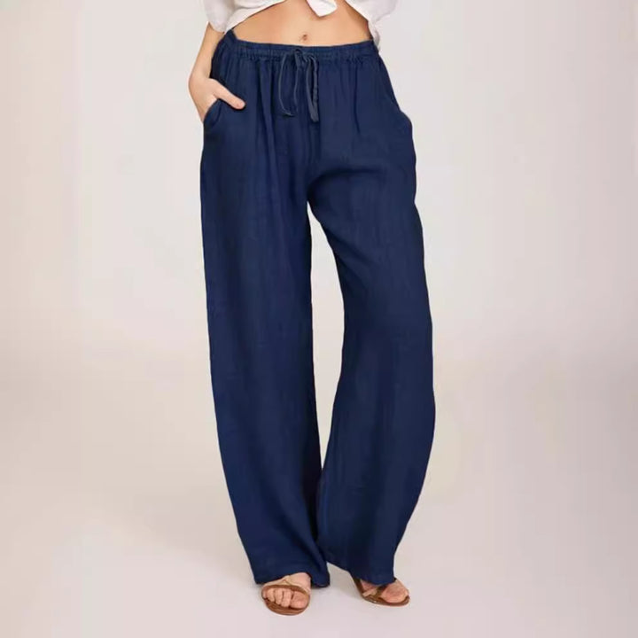 Damen luftige Palazzo-Hose mit Tunnelzugbund, elastischem Taillenabschluss und seitlichen Eingrifftaschen Drune