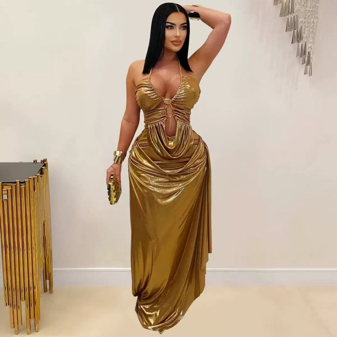 Damen Glamouröses Maxi-Kleid mit tiefem V-Ausschnitt und eleganten Drapierungen Drune