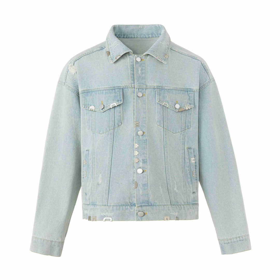 Unisex Kastig geschnittene Jeansjacke mit Logo‑Nieten und Vintage‑Washed‑Effekt Drune