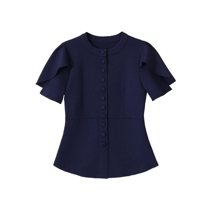 Damen Taillierte Stretch-Strickbluse mit verdeckten Stoffknöpfen und doppelten Volantärmeln Drune