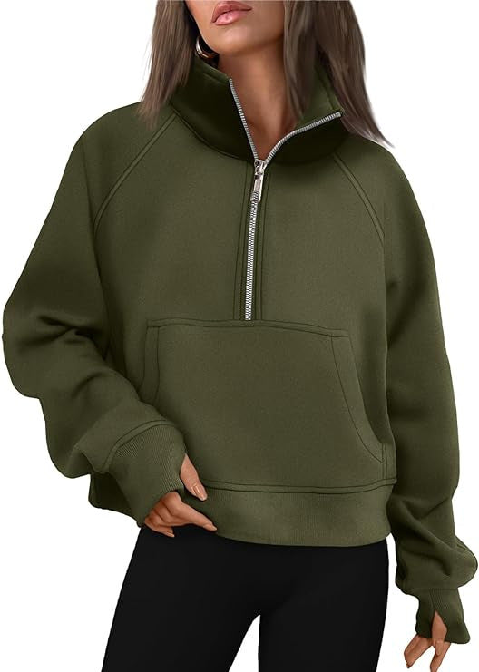 Damen nan verkürztes Oversize-Fleece-Sweat mit halbem Reißverschluss, Stehkragen, Kängurutasche und Daumenlochbündchen Drune