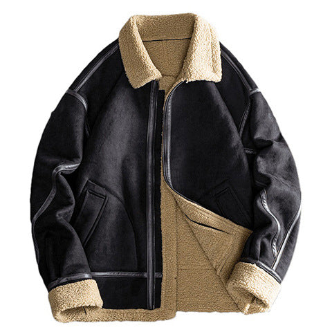 Men's  shearling-style lined suede-effect bomber jacket with leather-effect seam trim Drune