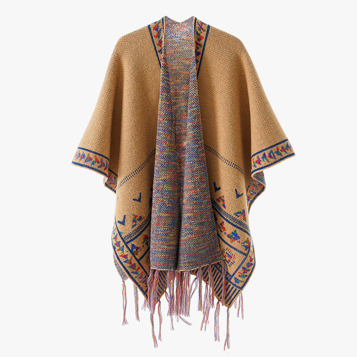 Damen Grobstrick-Poncho mit eingewebter Ethno‑Bordüre und Fransen Drune