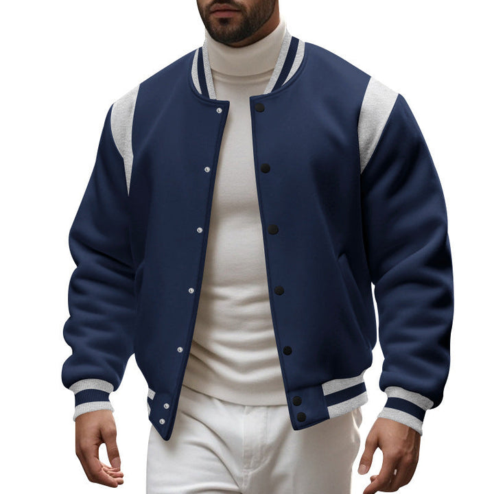 Herren nan College-Baseballjacke mit Druckknopfleiste, geripptem Kragen und kontrastierten Schulterpassen Drune
