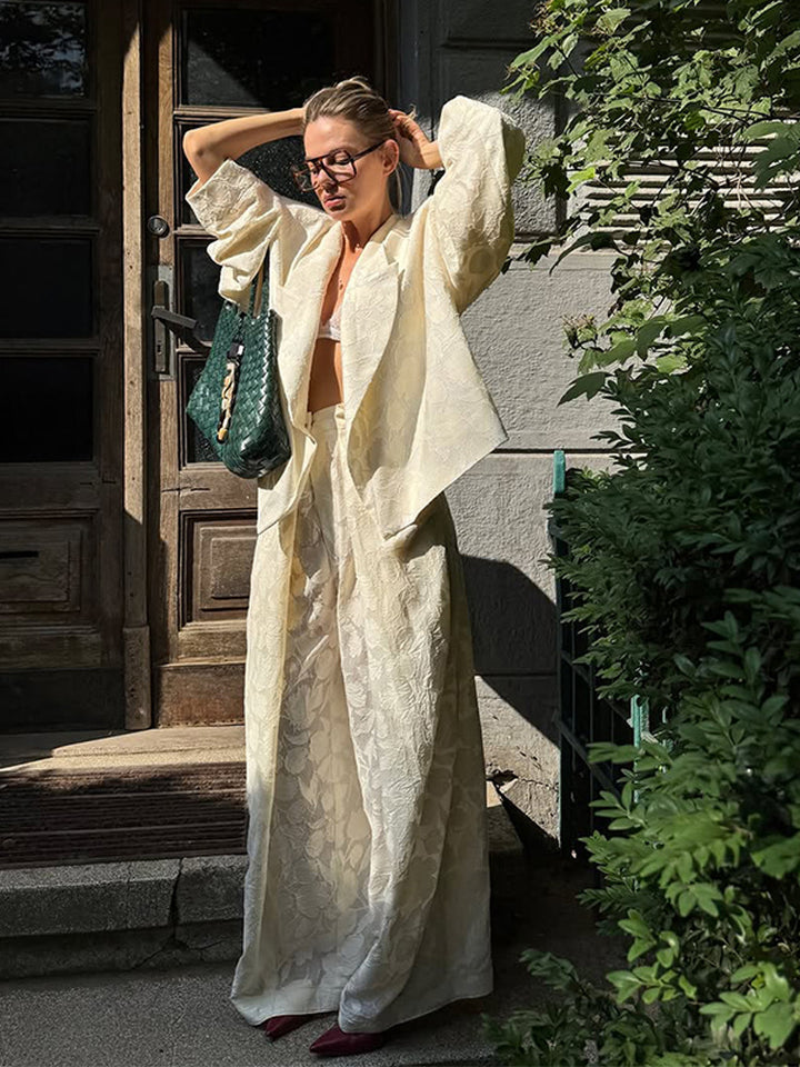 Damen Zweiteiliges Jacquard-Hosen-Set mit Oversize-Boxy-Blazer und hochgeschnittener Palazzo-Hose Drune