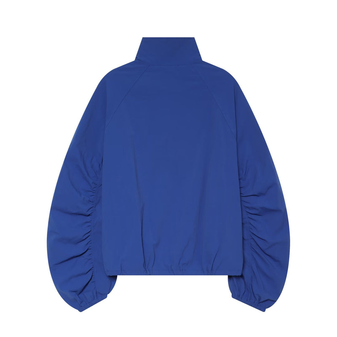 Damen Kurzjacke mit Stehkragen gerafften Ballonärmeln und Tunnelzugsaum Drune