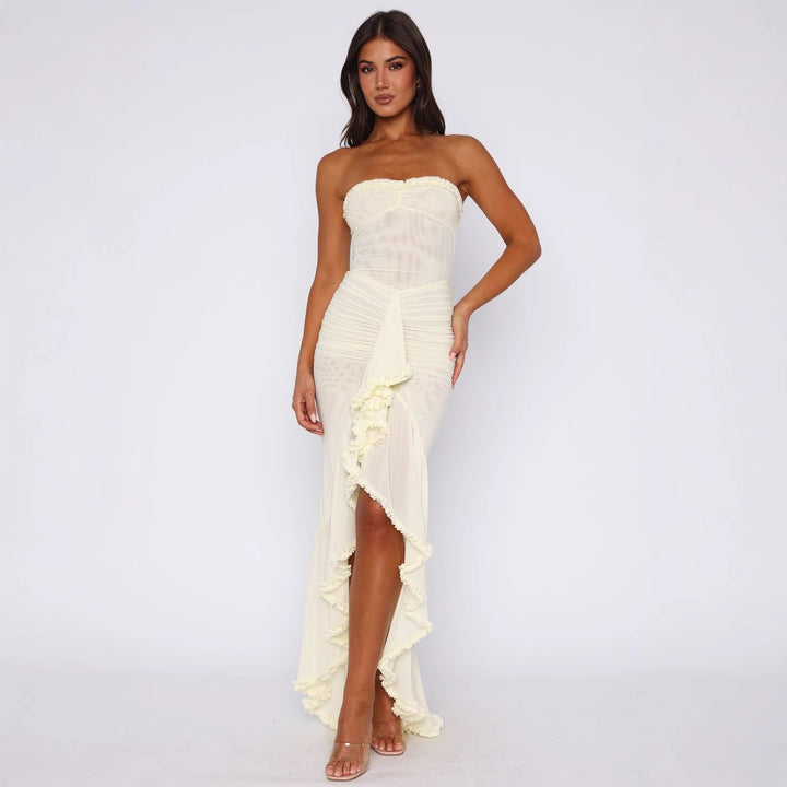 Damen Elegantes Strapless Maxikleid mit raffinierten Rüschendetails und asymmetrischem Schnitt Drune
