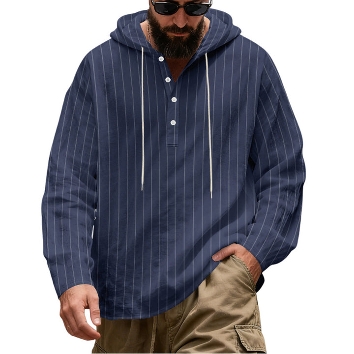 Herren Lässiges Kapuzen-Henleyshirt mit feinen Nadelstreifen und Knopfleiste Drune