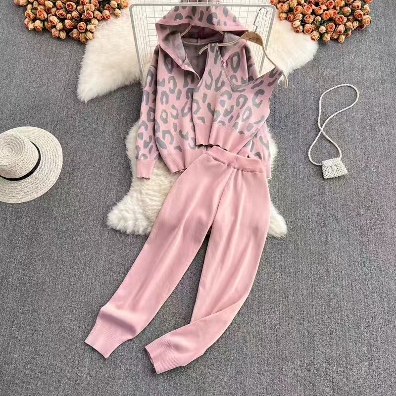 Damen lässiges Hoodie- und Jogginganzug-Set mit Leopardenmuster Drune