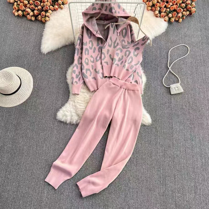Damen lässiges Hoodie- und Jogginganzug-Set mit Leopardenmuster Drune