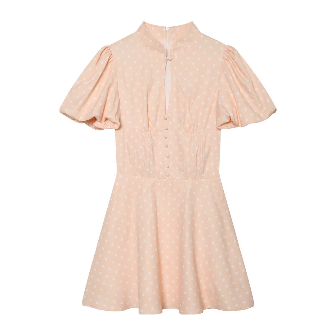 Damen Gepunktetes A‑Linien‑Kleid mit Stehkragen, Taillierung und Ballonärmeln Drune