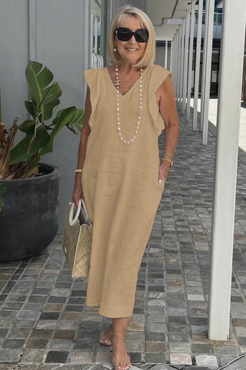 Damen Maxikleid mit V-Ausschnitt und angeschnittenem Ärmel Drune