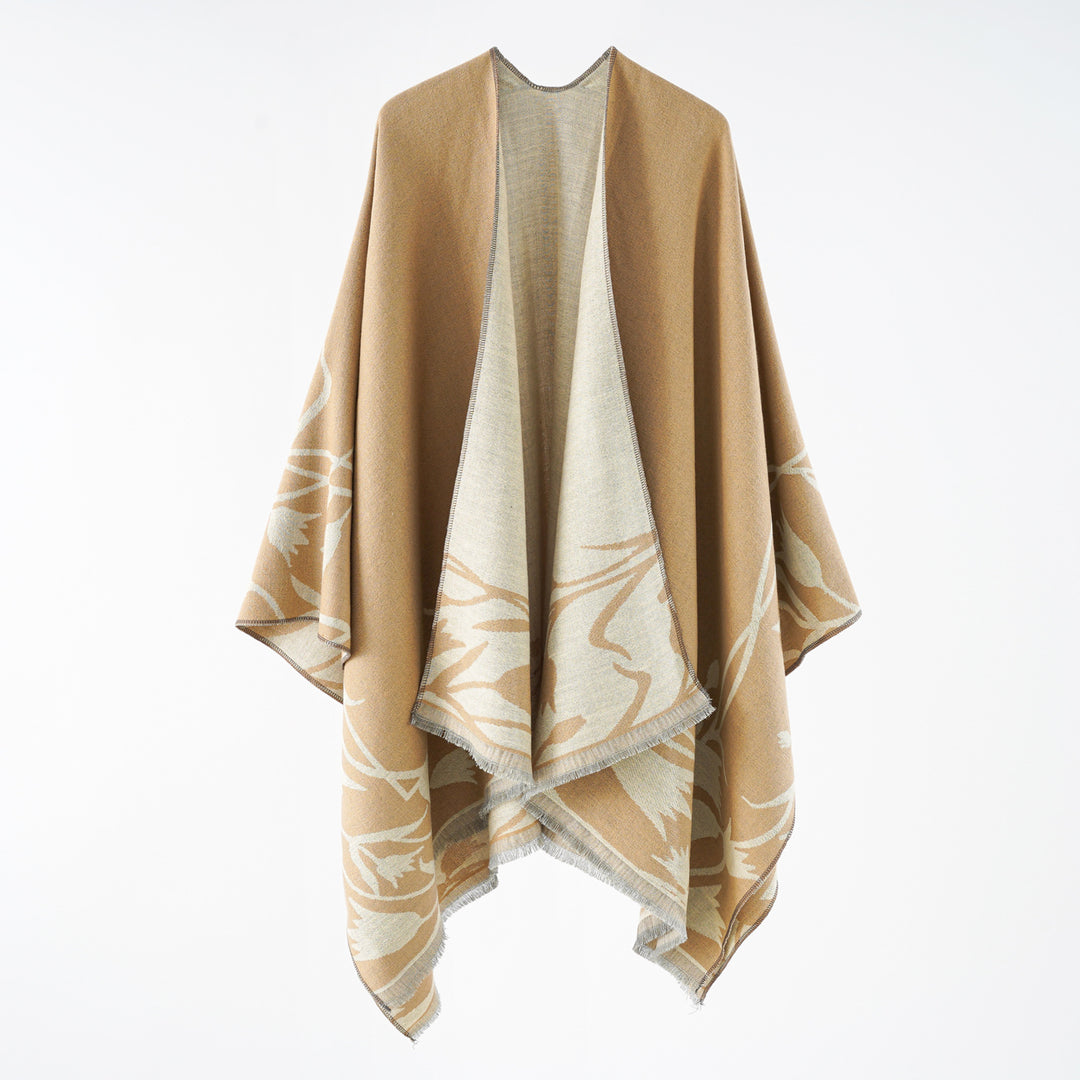 Damen Wendbarer Oversize-Capeponcho aus Wollmix mit floraler Jacquardwebung Drune