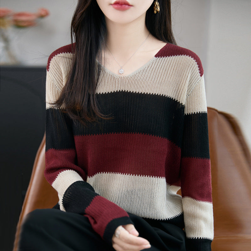 Damen Leichter V-Ausschnitt Feinstrickpullover mit breiten Blockstreifen und entspannter Passform Drune
