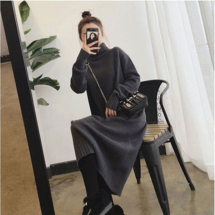 Damen Strickkleid mit hohem Kragen und Rippdetails Drune