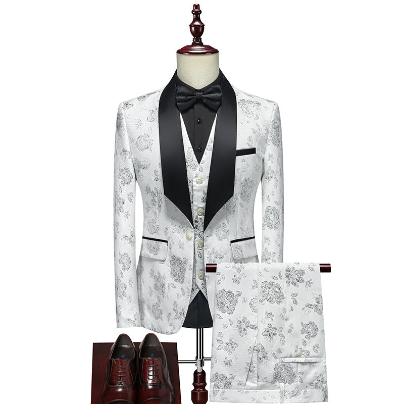 Herren Luxuriöses dreiteiliges Smoking-Set mit Schalrevers und Blumen-Jacquard Drune