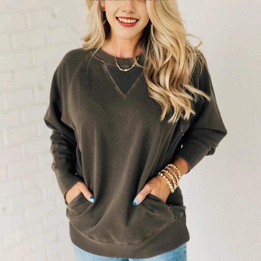 Damen Oversize Baumwoll-Sweatshirt mit V‑Stitch, Rippbündchen und Seitentaschen Drune