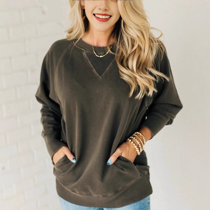 Damen Oversize Baumwoll-Sweatshirt mit V‑Stitch, Rippbündchen und Seitentaschen Drune