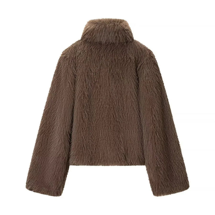 Damen nan kurzem veganer Kunstfell-Croppedjacke mit hohem Stehkragen und verdeckter Front Drune