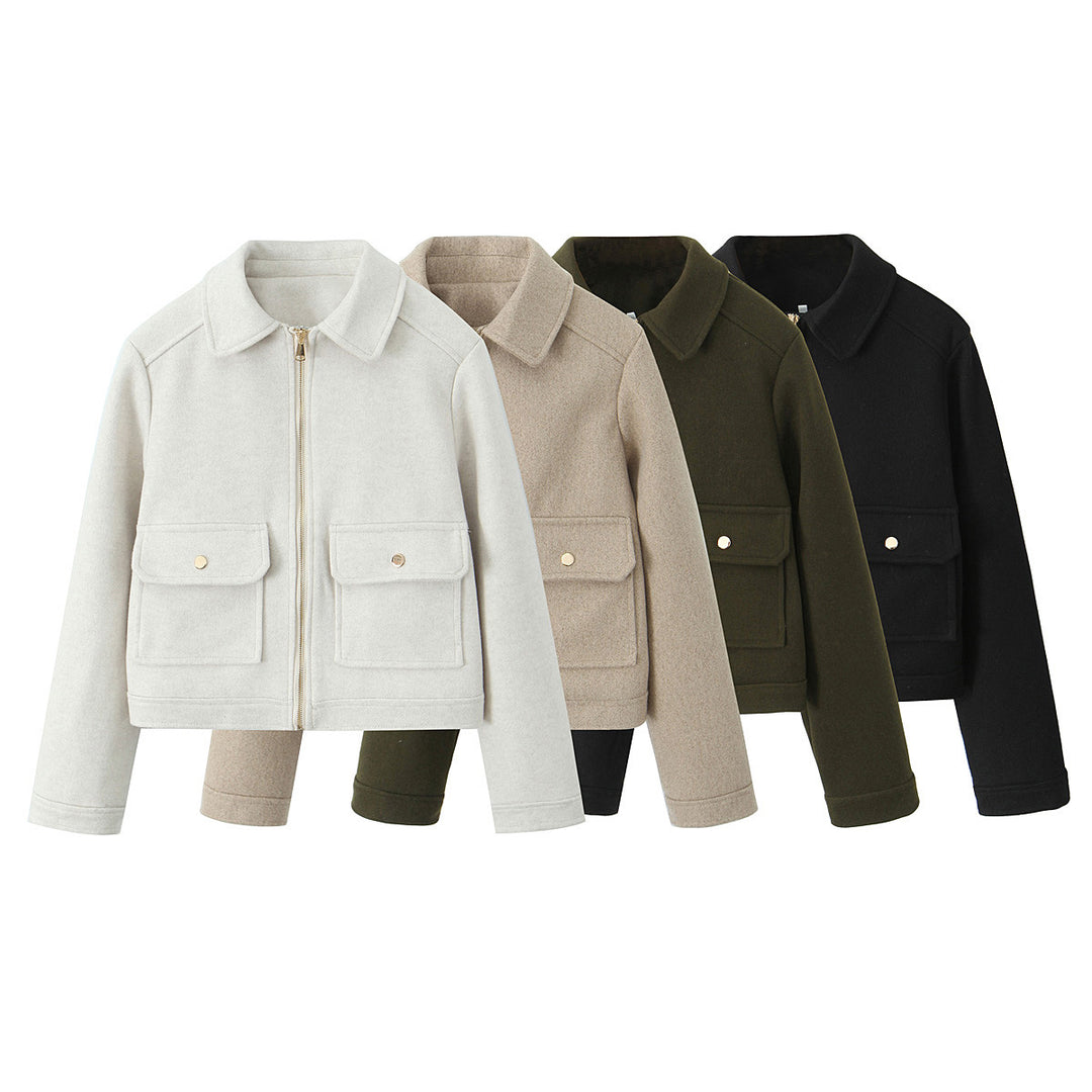 Damen Kurzjacke im Boxy‑Schnitt mit Reißverschluss, Pattentaschen und Hemdkragen Drune