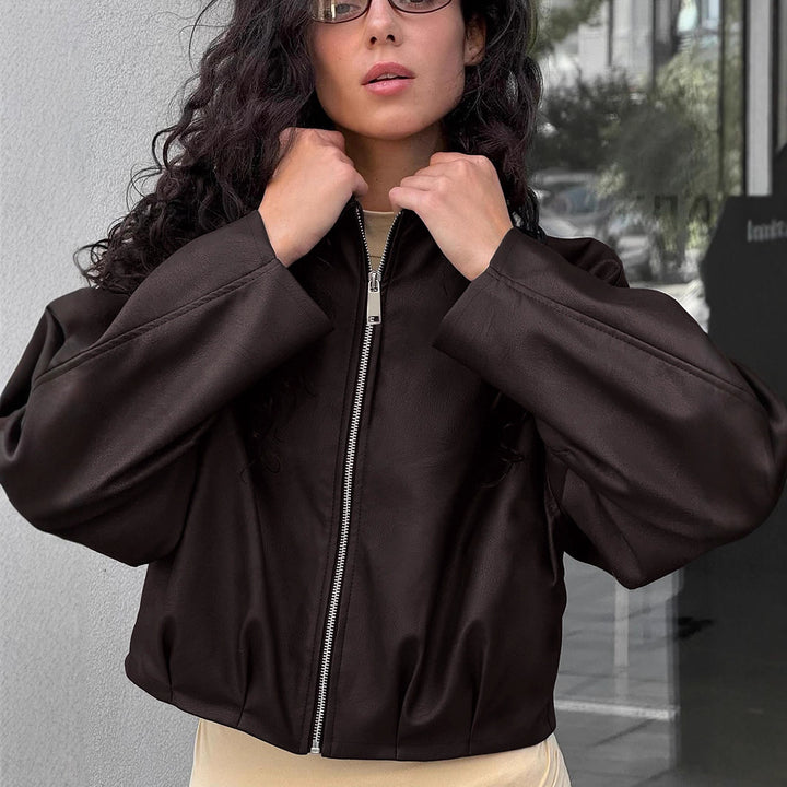Damen modische cropped Lederjacke mit voluminösen Ärmeln Drune