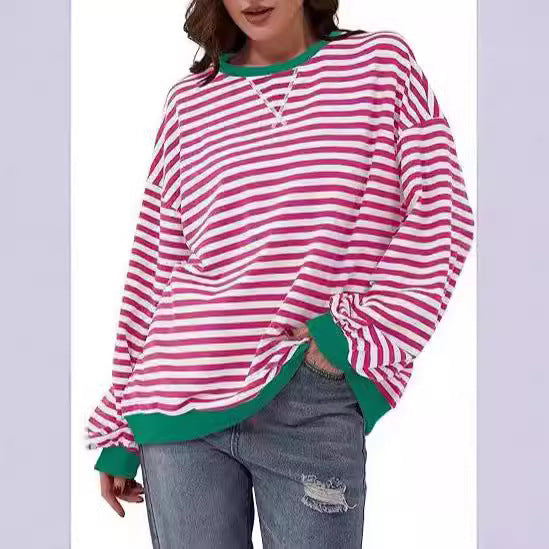 Damen Gestreifter Oversize Pullover mit Kontrastbündchen Drune
