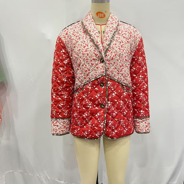 Damen nan gesteppte Patchprint Übergangsjacke mit Schalkragen, dekorativer Paspel und aufgesetzten Taschen Drune
