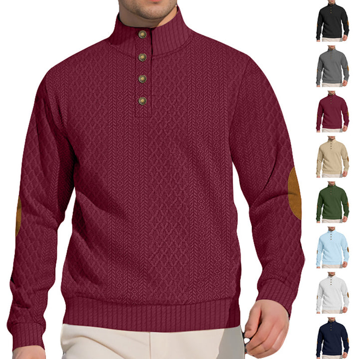 Herren nan edler Knopfsweater im Zopfmuster mit hohem Stehkragen und Wildleder-Ellenbogenpatches Drune