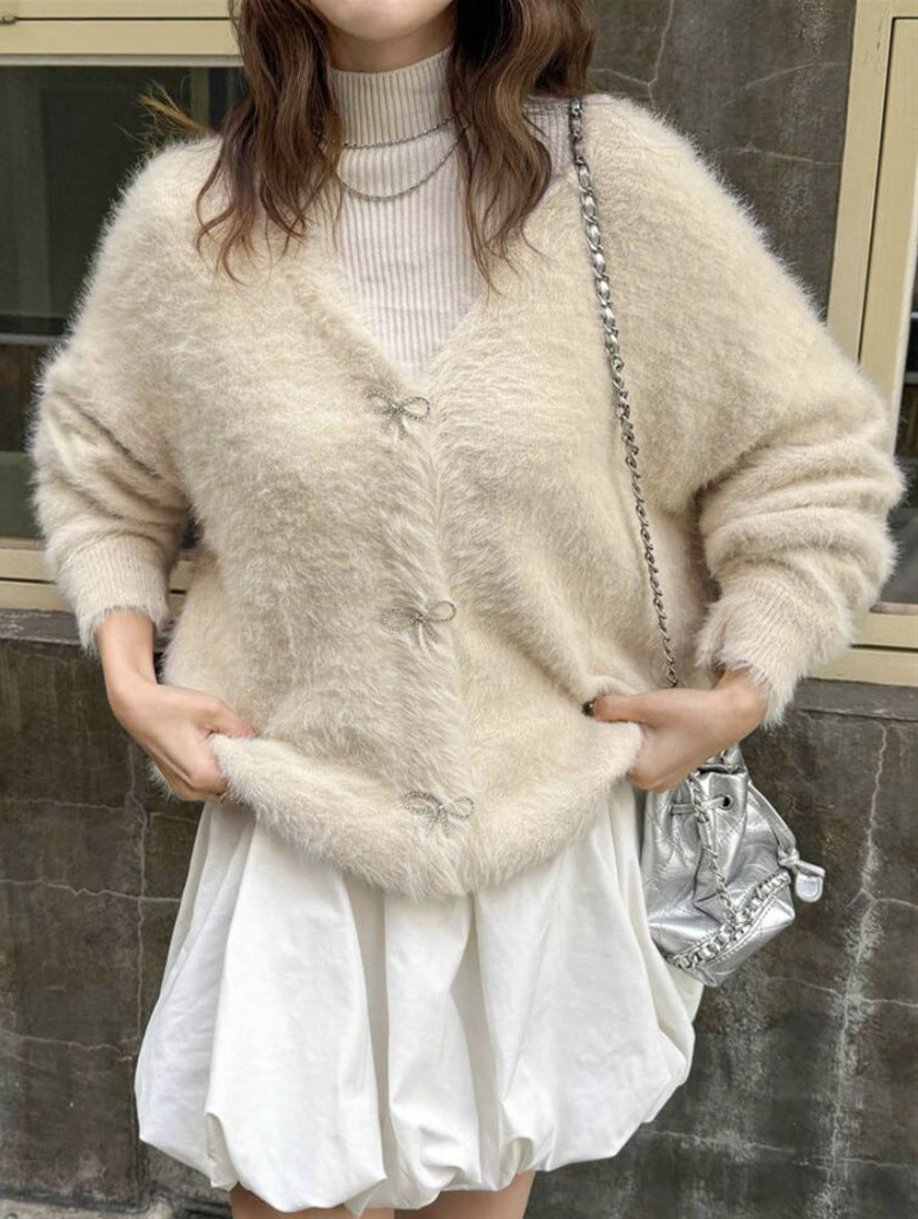 Damen Flauschiger Mohair‑Optik Cardigan mit dekorativen Schleifenverschlüssen Drune