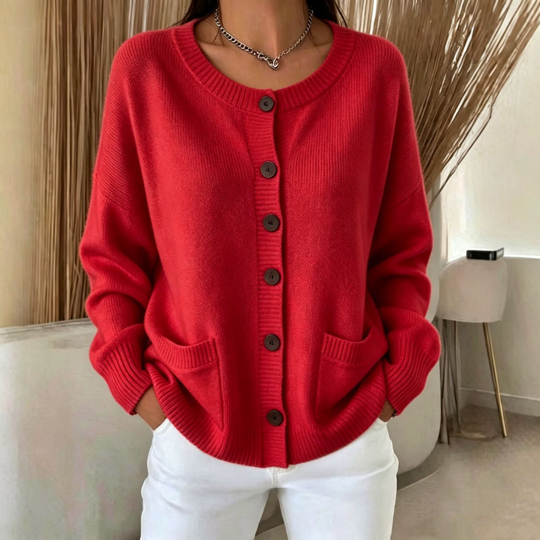 Damen Knopf-Cardigan mit Rundhals, aufgesetzten Taschen und Raglanärmeln Drune