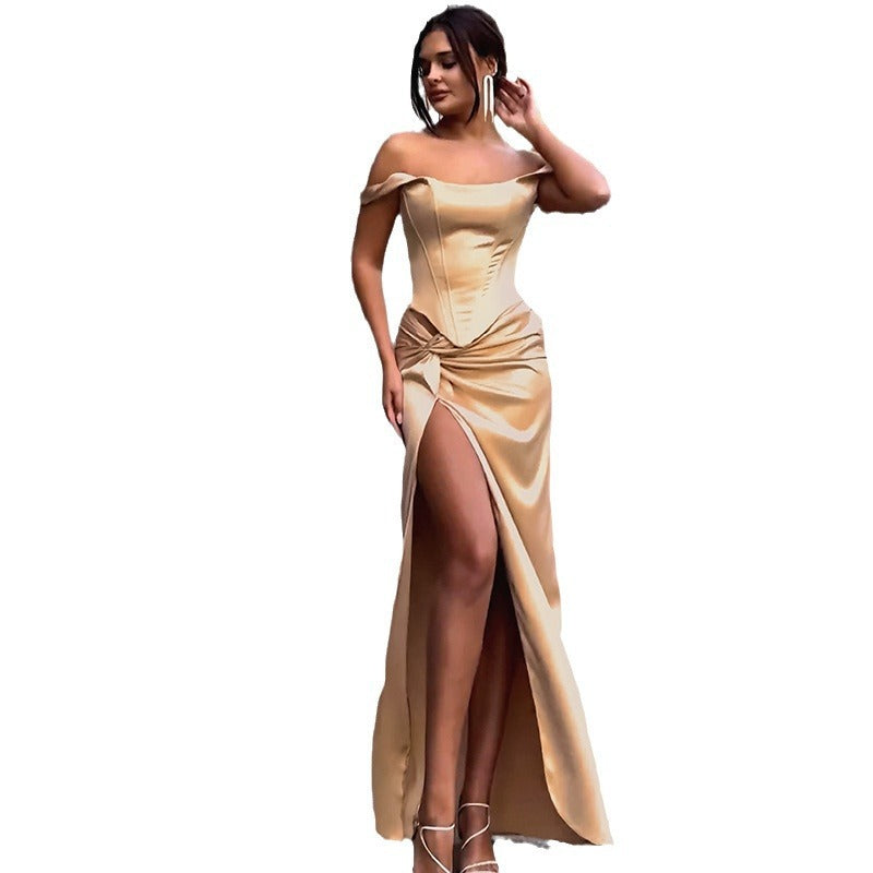 Damen Elegantes Abendkleid mit schulterfreiem Schnitt und hohem Schlitz Drune