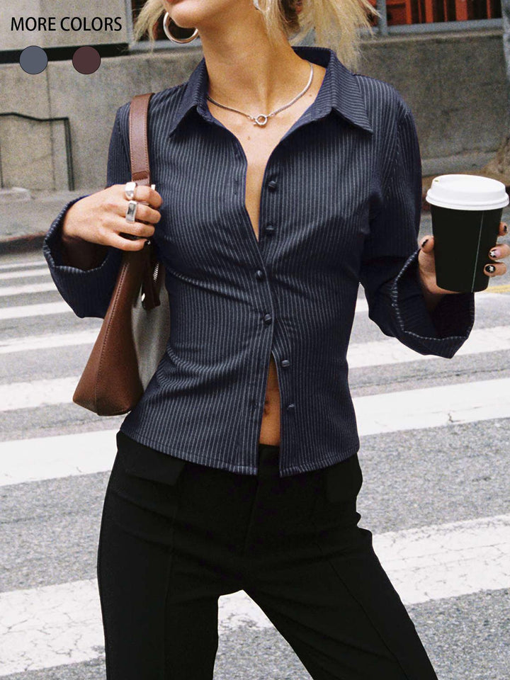 Damen taillierte Hemdbluse mit Klappkragen und feinen Streifen Drune