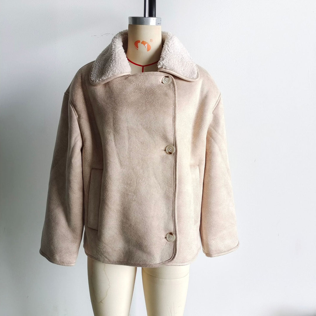 Damen Boxy Jacke in Lammfelloptik mit Teddyfutter und großem Umlegekragen Drune