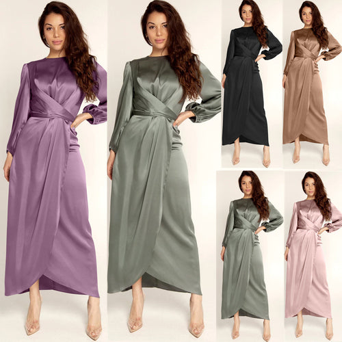 Damen Elegantes Maxikleid aus Satin mit Wickel-Detail, Langarm und Taillenband Drune