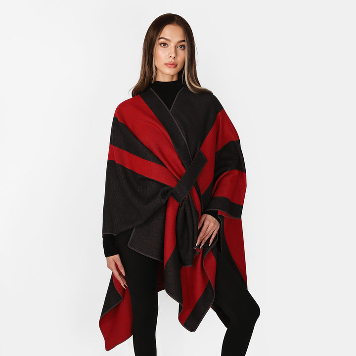 Damen Oversize-Cape mit Blockstreifen und Bindegürtel Drune