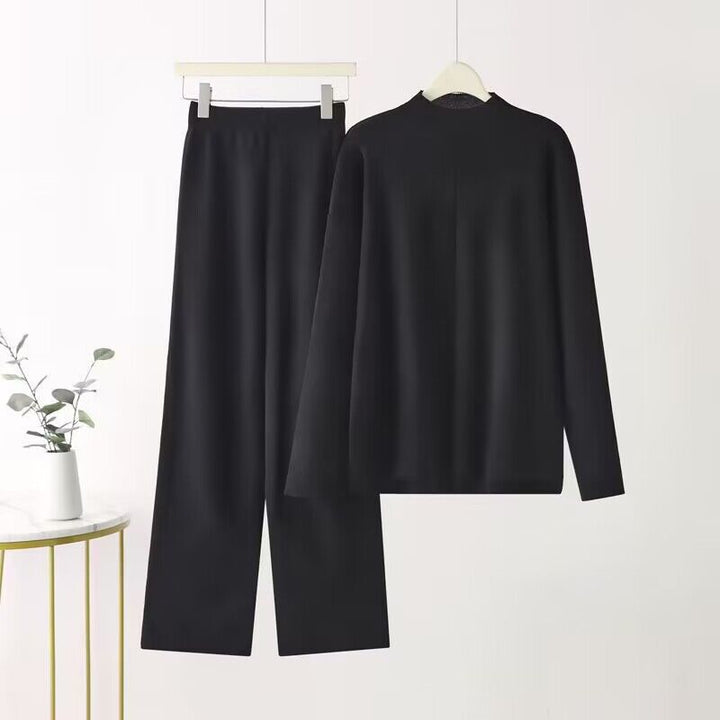 Damen elegantes Set aus langärmligem Oberteil und Palazzo-Hosen Drune