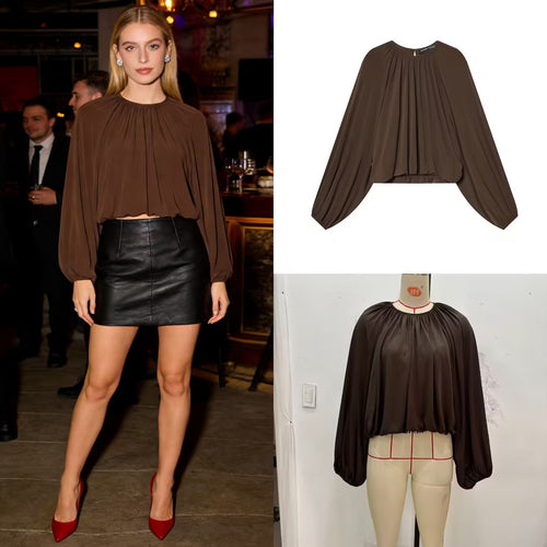 Damen Plissiertes Oversize-Blusenshirt mit weiten Ballonärmeln Drune