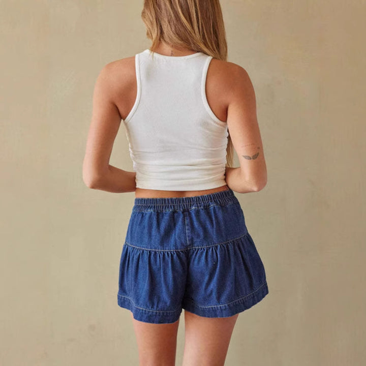 Damen Modische Denim-Shorts mit Rüschen und Knopfdetails Drune