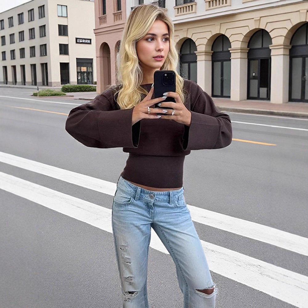 Damen Cropped Feinstrick-Pullover mit weiten Manschettenärmeln und tailliertem Rippbund Drune