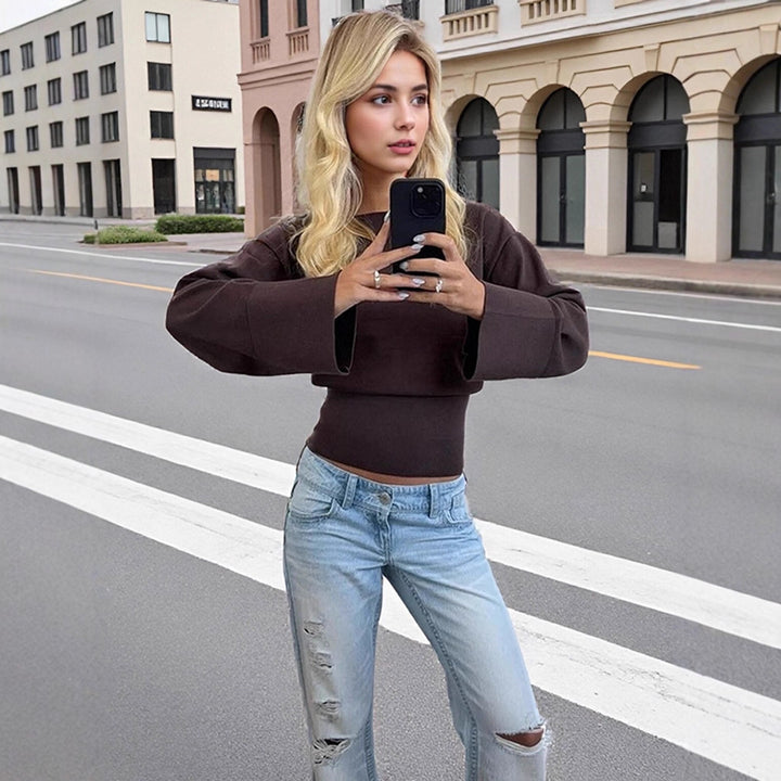 Damen Cropped Feinstrick-Pullover mit weiten Manschettenärmeln und tailliertem Rippbund Drune