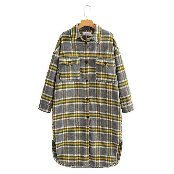 Damen Oversize Karo-Hemdjacke im Longline-Cut mit aufgesetzten Brusttaschen Drune